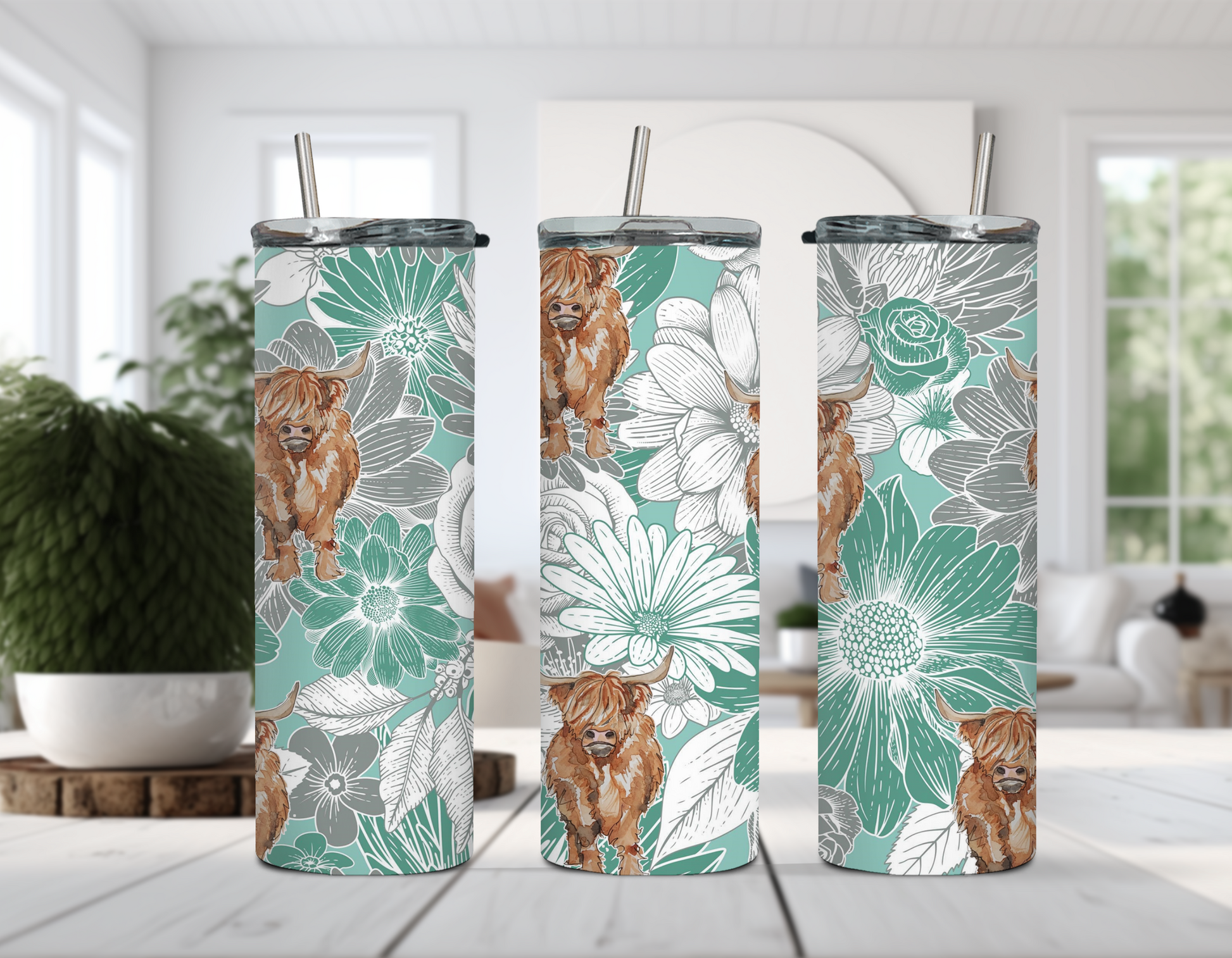 Floral Highland Cow Tumbler