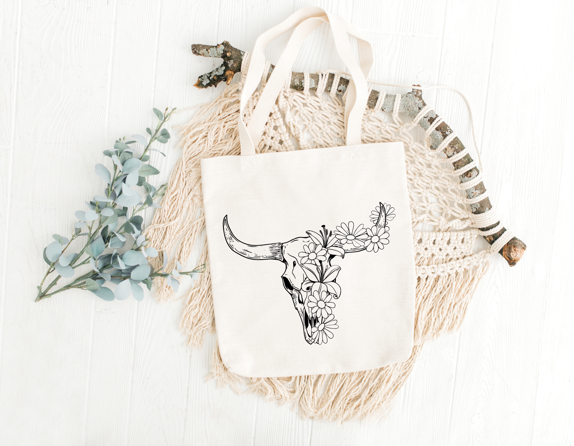 Floral Bull Skull Tote Bag