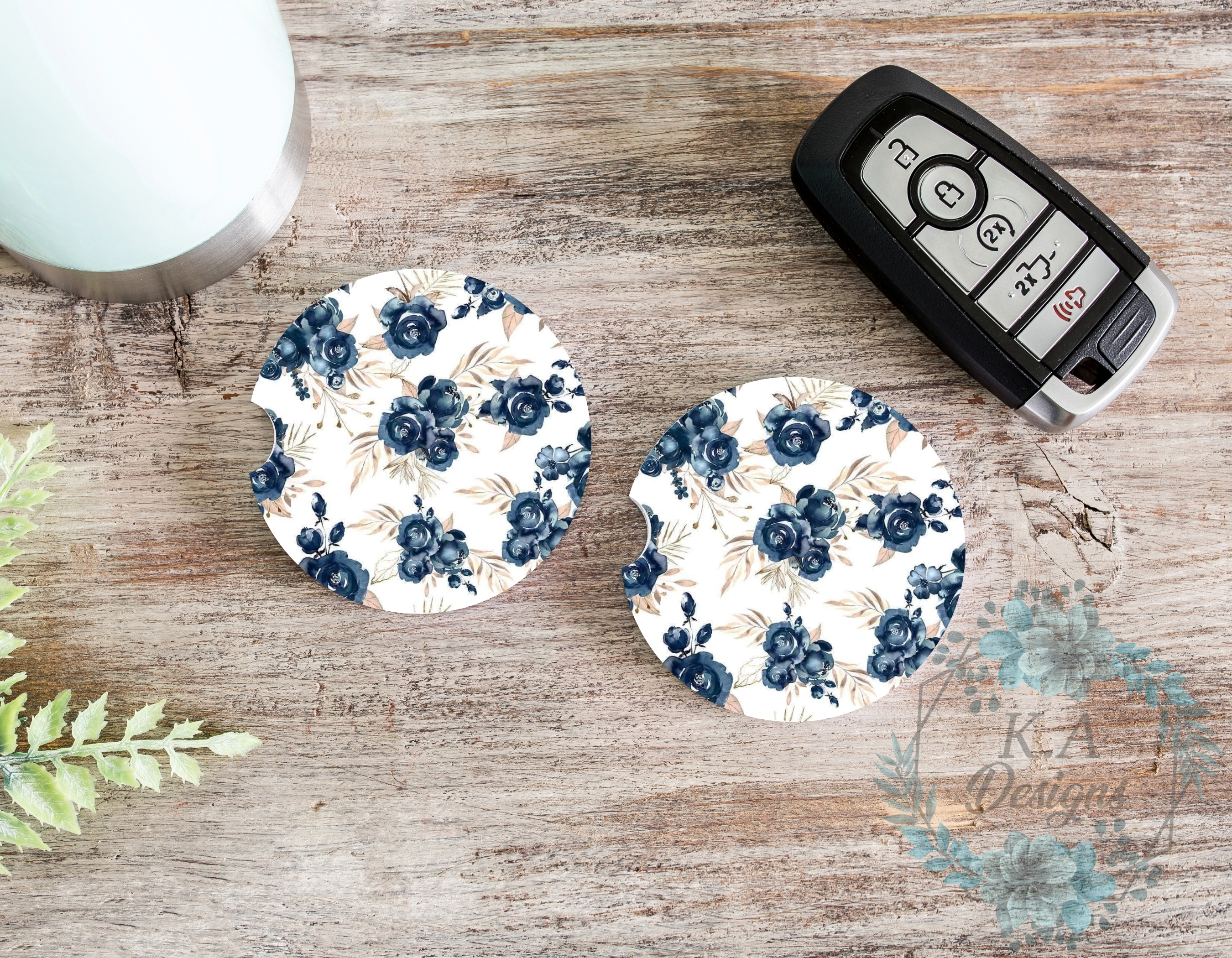 Navy Floral Ceramic Car Coaster