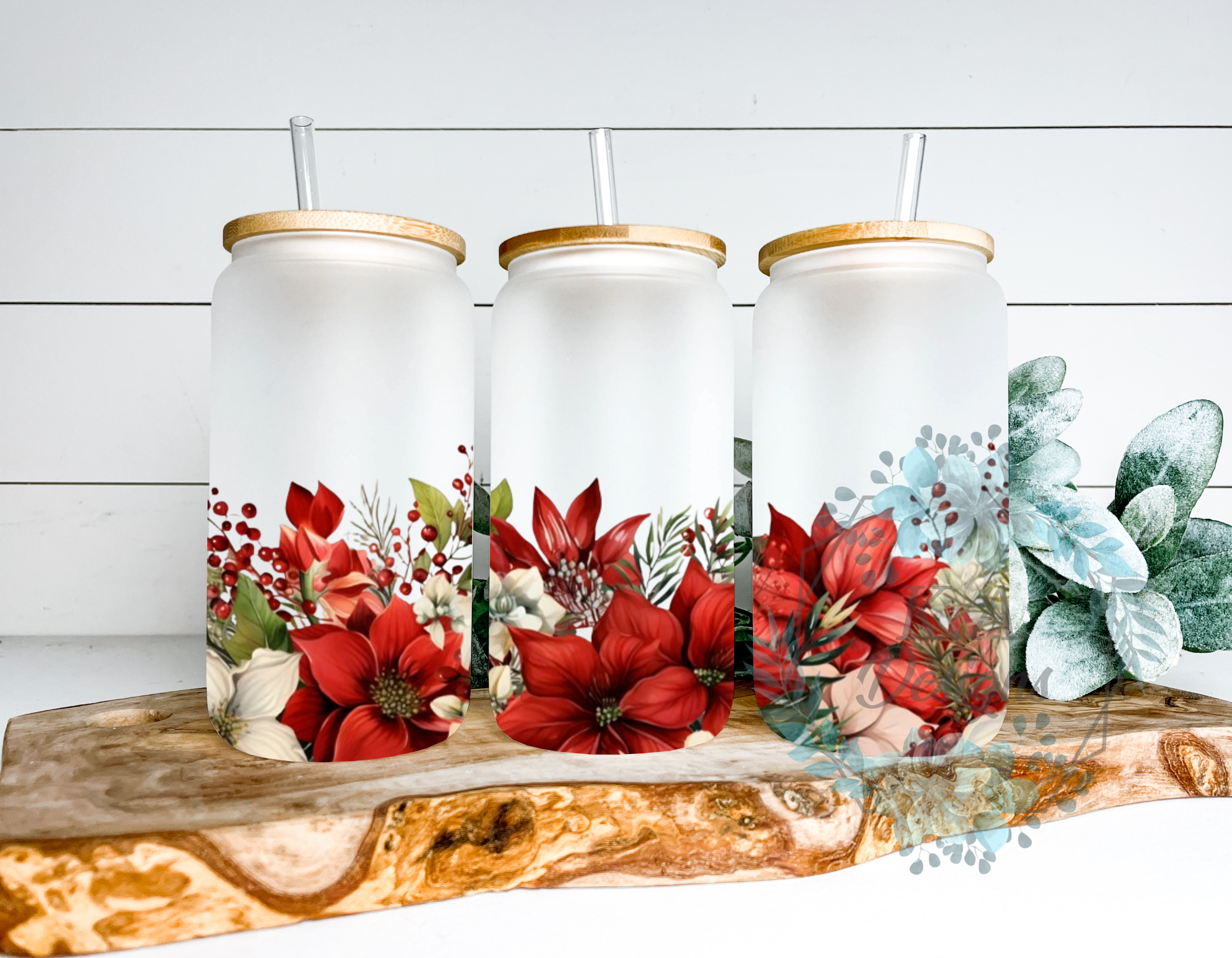 Poinsettia Frosted Glass Can