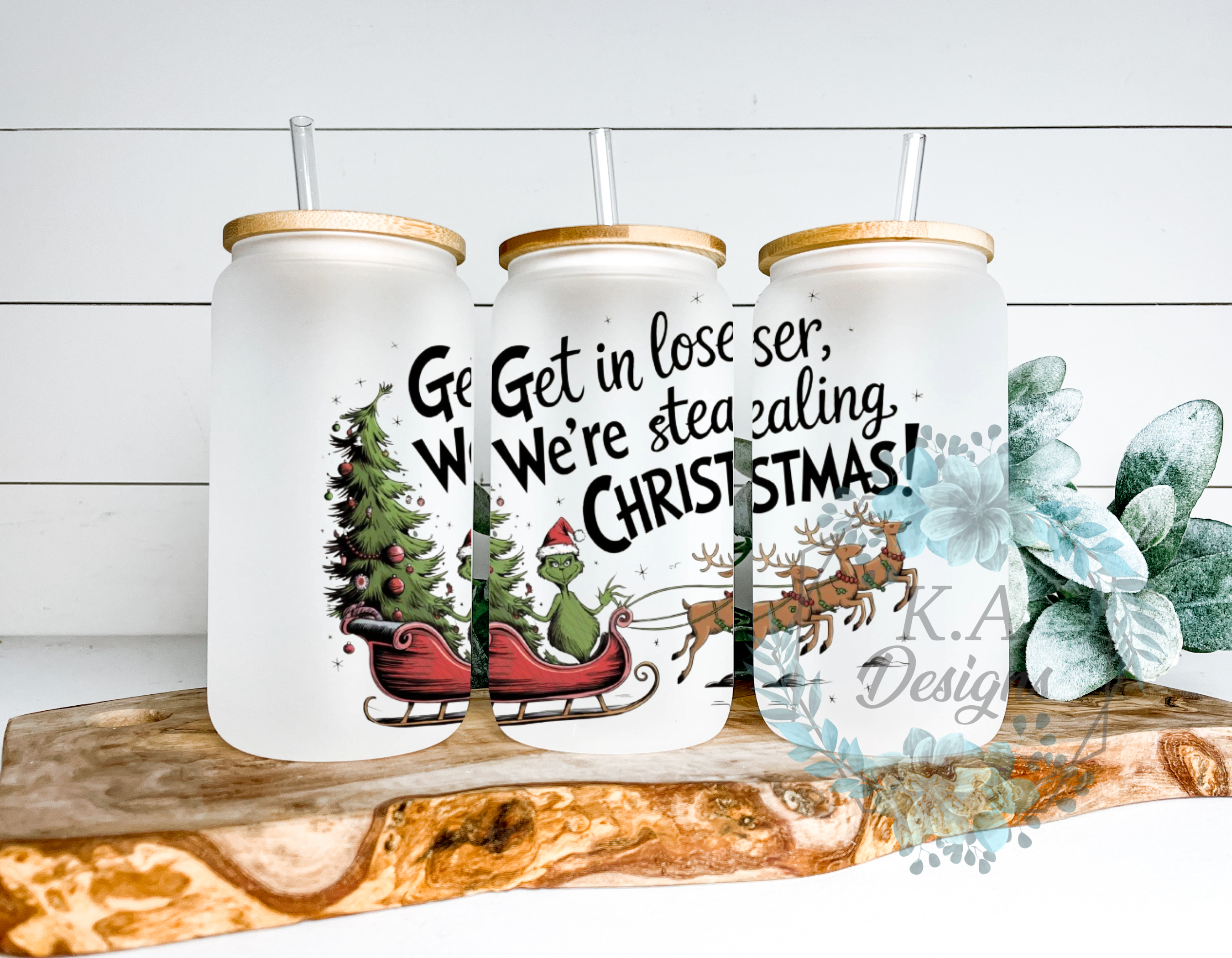 We're Stealing Christmas Frosted Glass Can