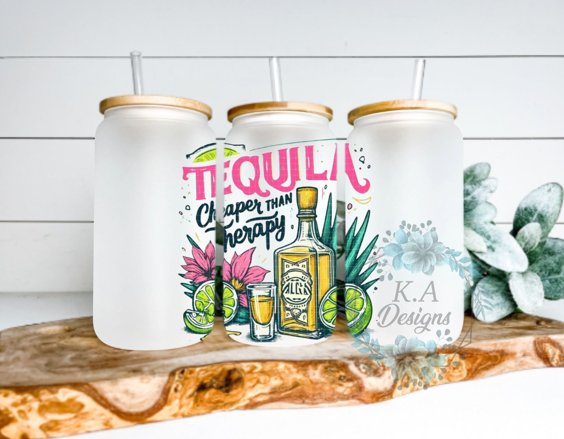 Tequila Cheaper Than Therapy Frosted Glass Can