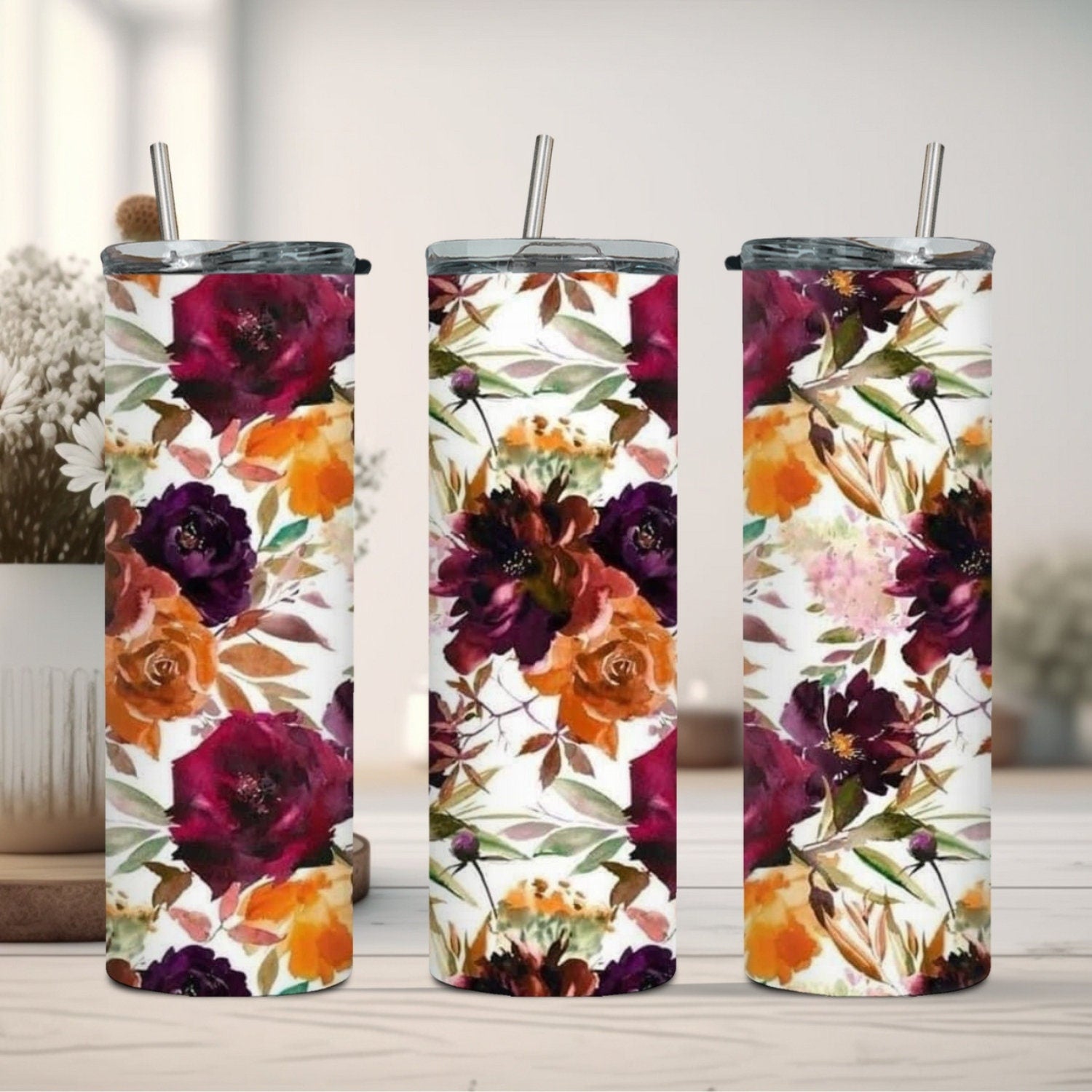 Burgundy Floral Tumbler