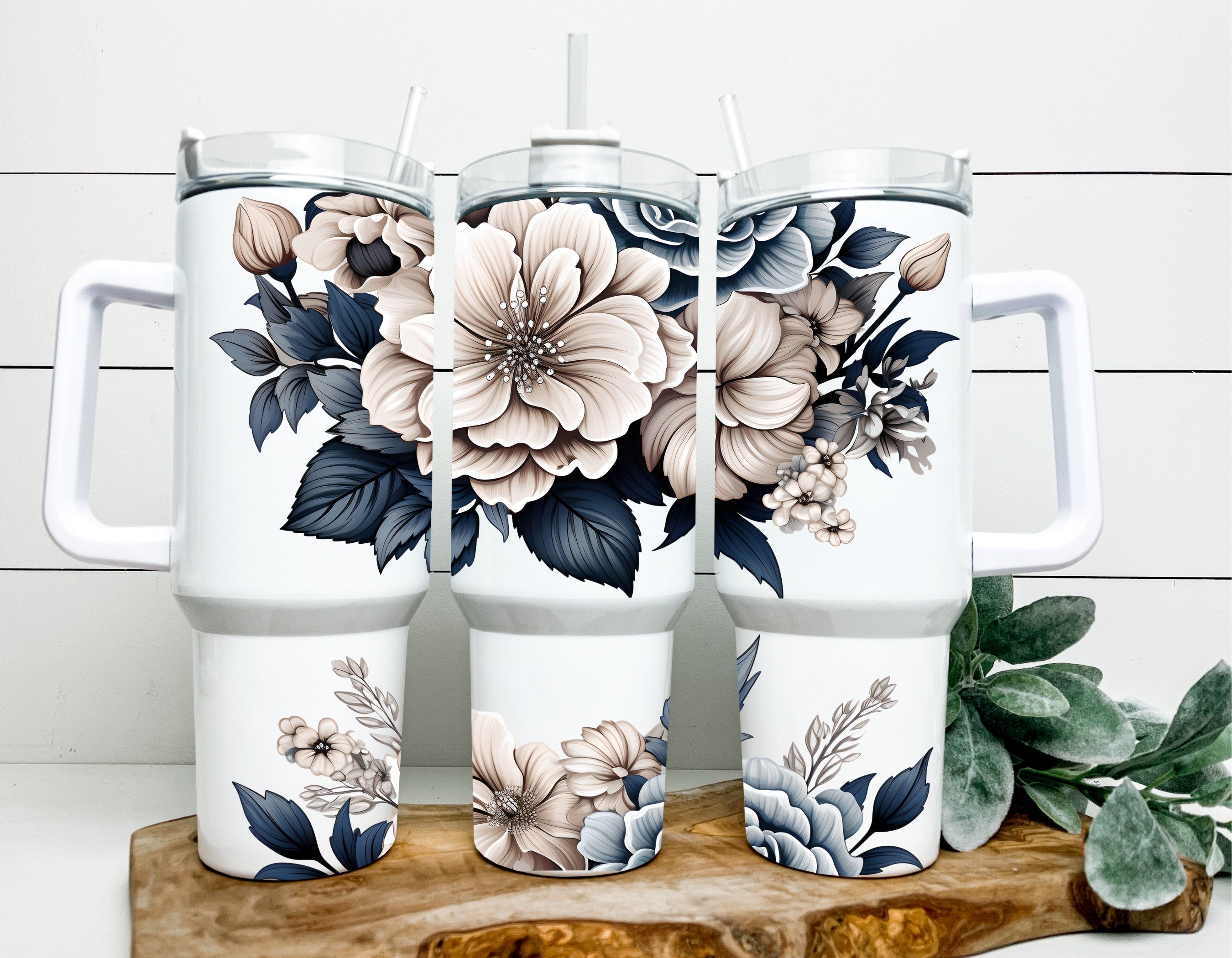 Navy Cream Floral 40oz Tumbler