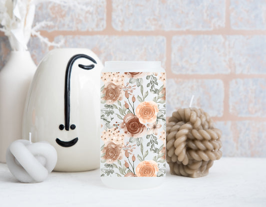 Beige Floral Frosted Glass Can