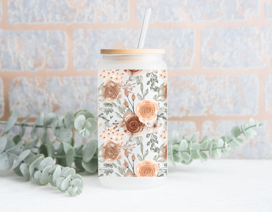 Beige Floral Frosted Glass Can