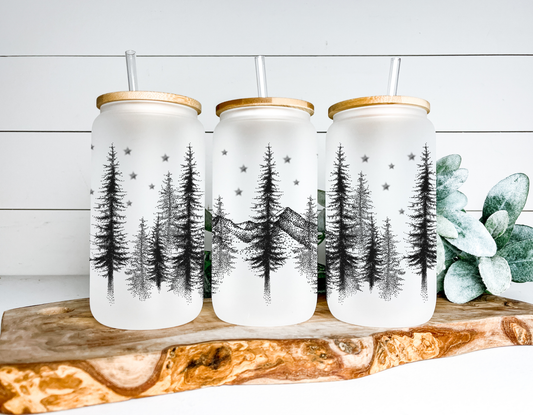 Starry Mountain Forest Dotwork Frosted Glass Can