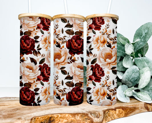 Cream & Burgundy Floral Frosted Glass Tumbler