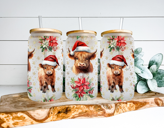 Christmas Highland Cow Frosted Glass Can