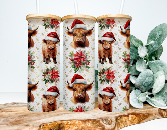 Christmas Highland Cow Frosted Glass Tumbler