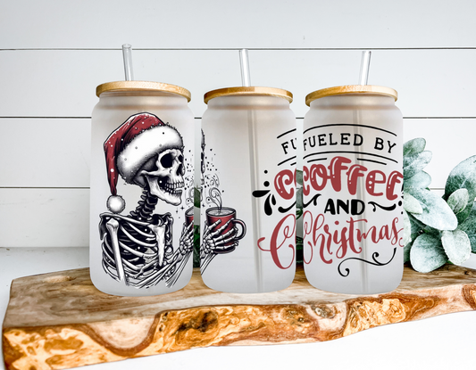 Fueled By Coffee & Christmas Frosted Glass Can