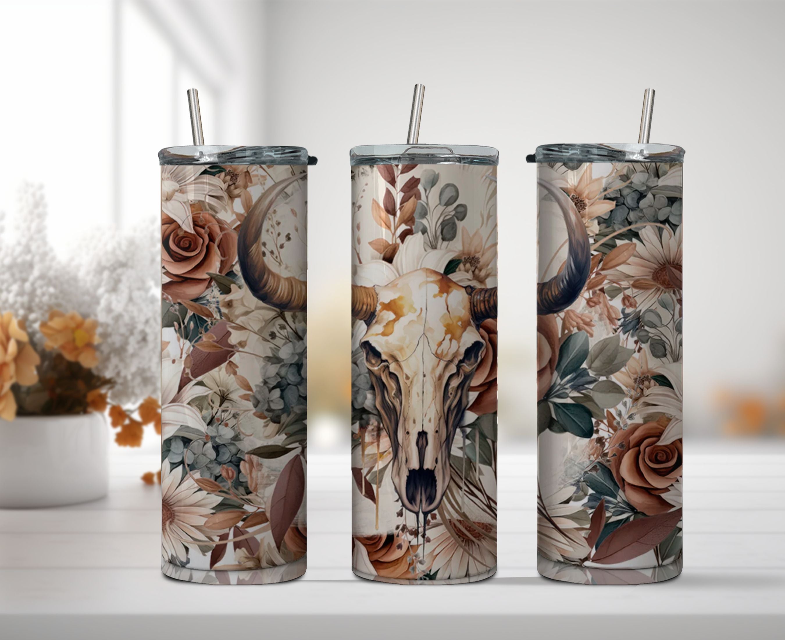 Boho Floral Bull Skull Tumbler