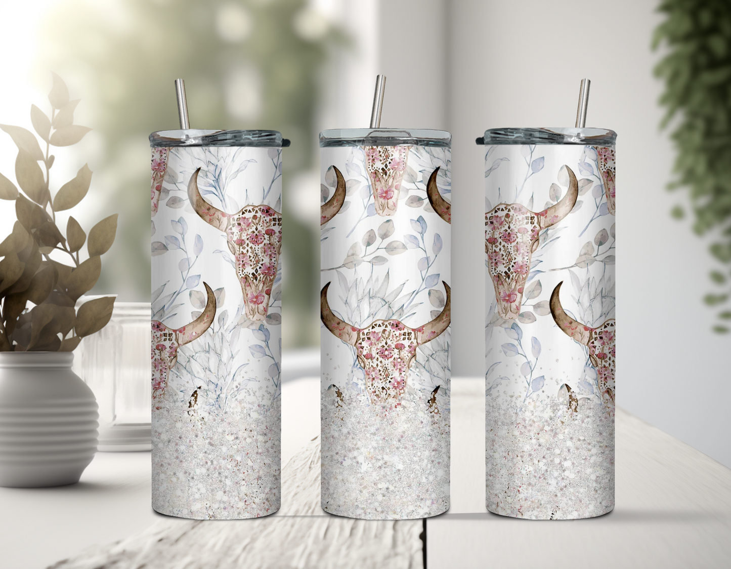 Glitter Bull Skull Tumbler