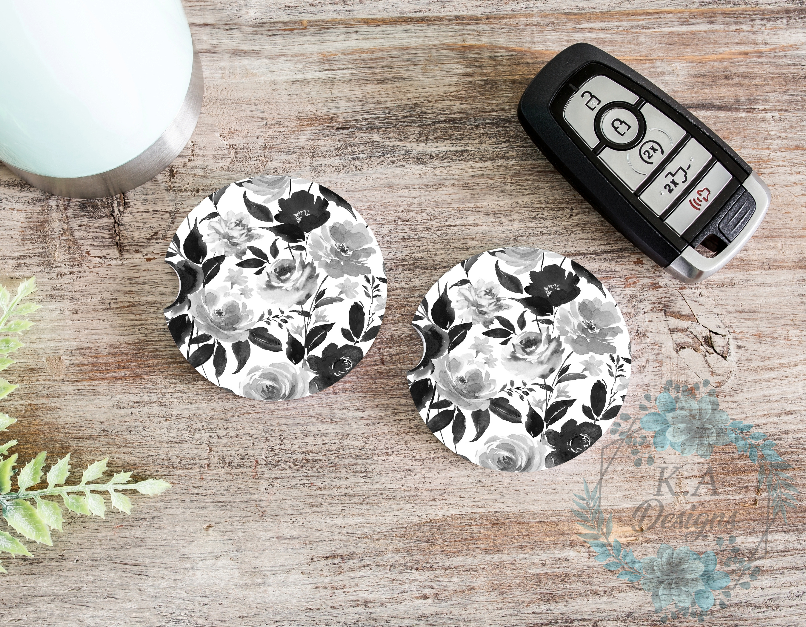 Black & White Floral Ceramic Car Coasters