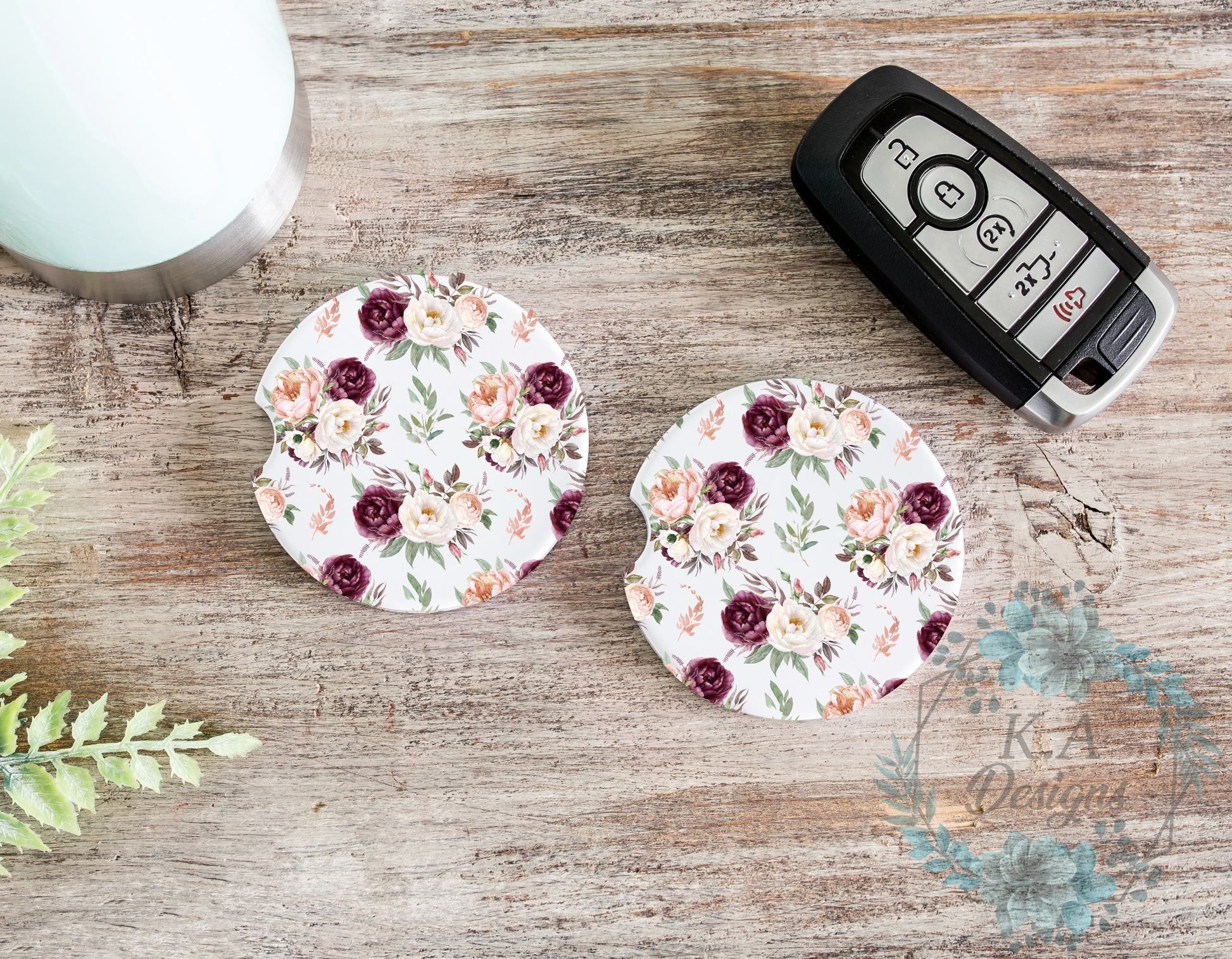 Pink & Burgundy Floral Ceramic Car Coasters