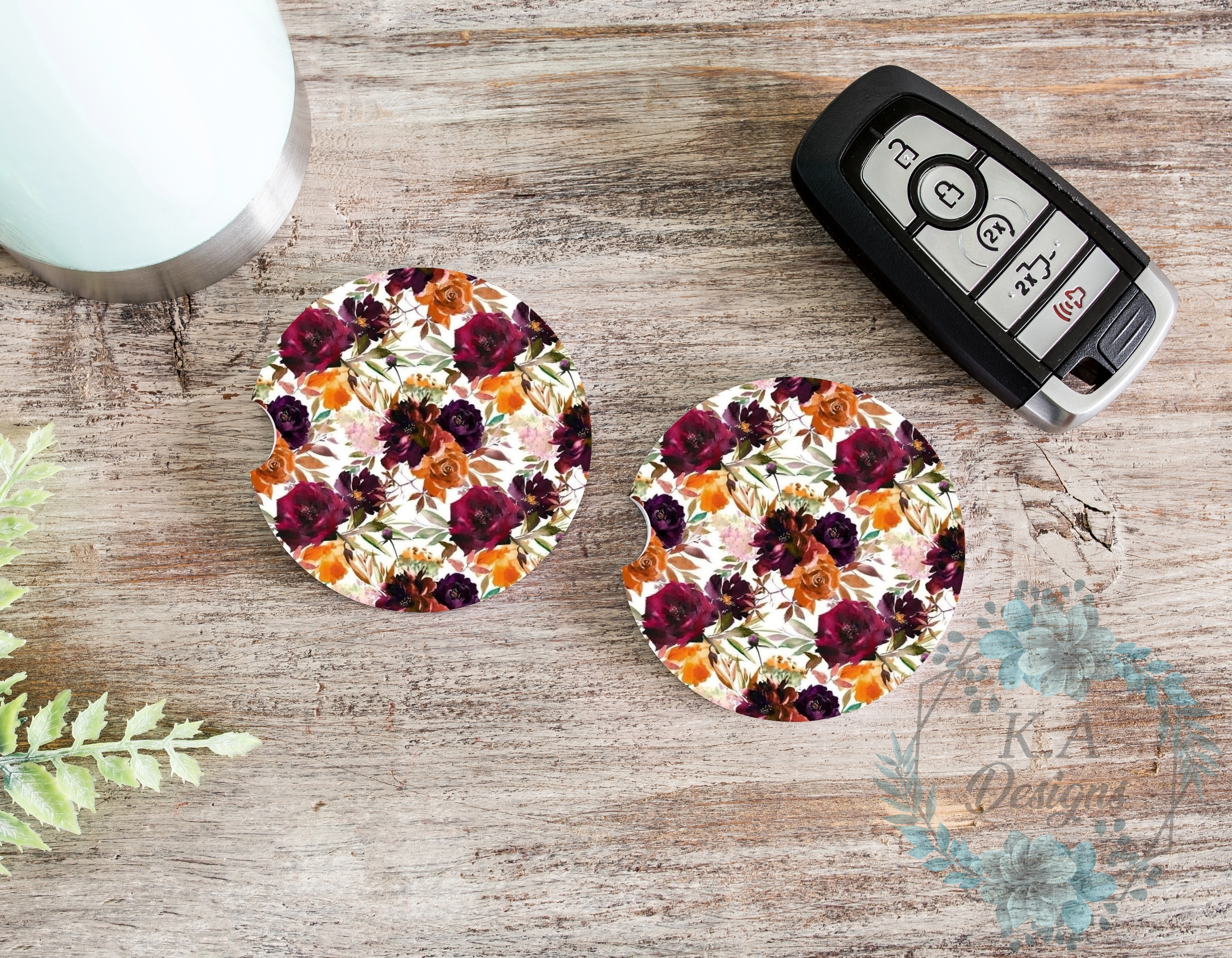 Burgundy & Orange Floral Ceramic Car Coasters