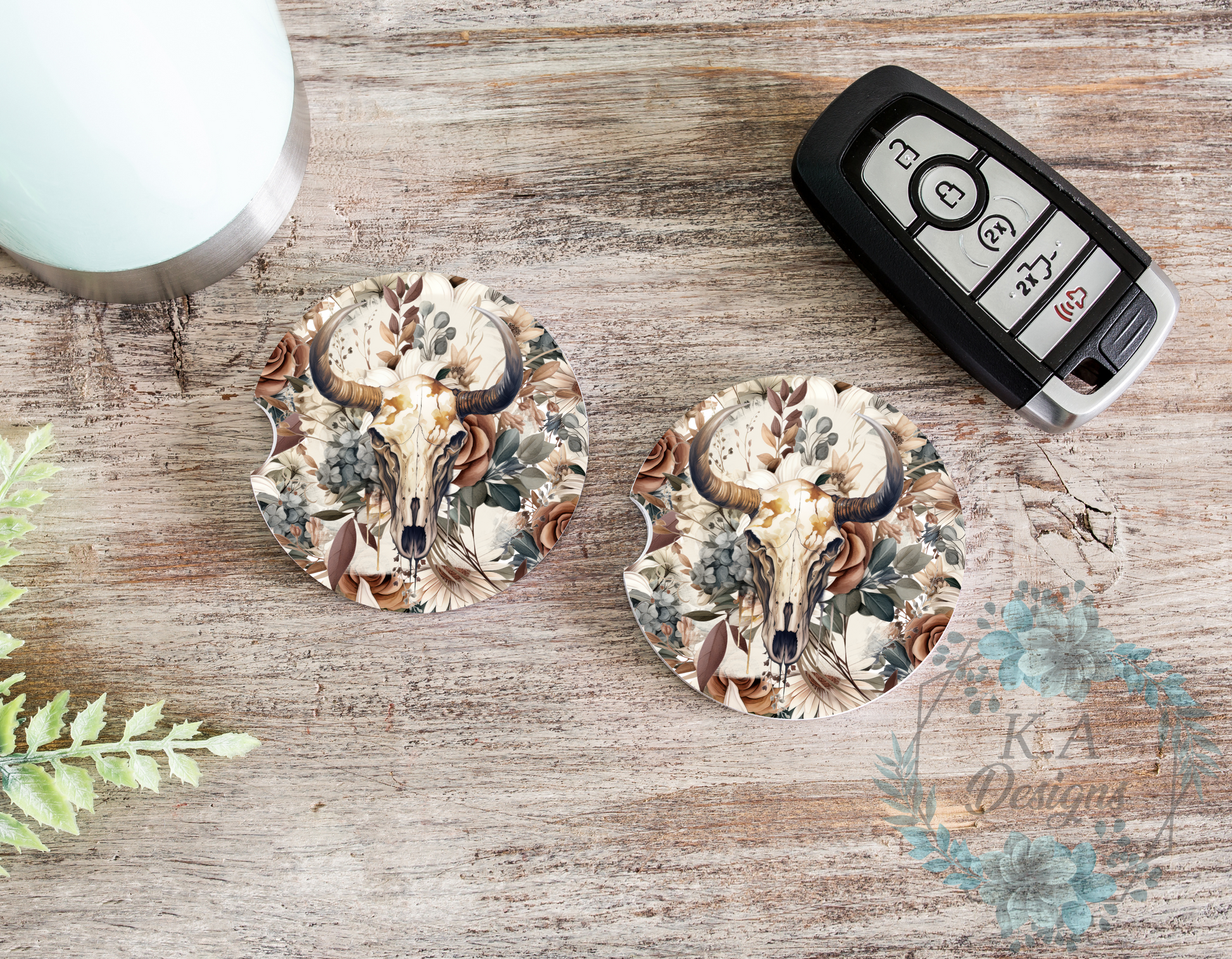 Boho Bull Skull Car Coasters