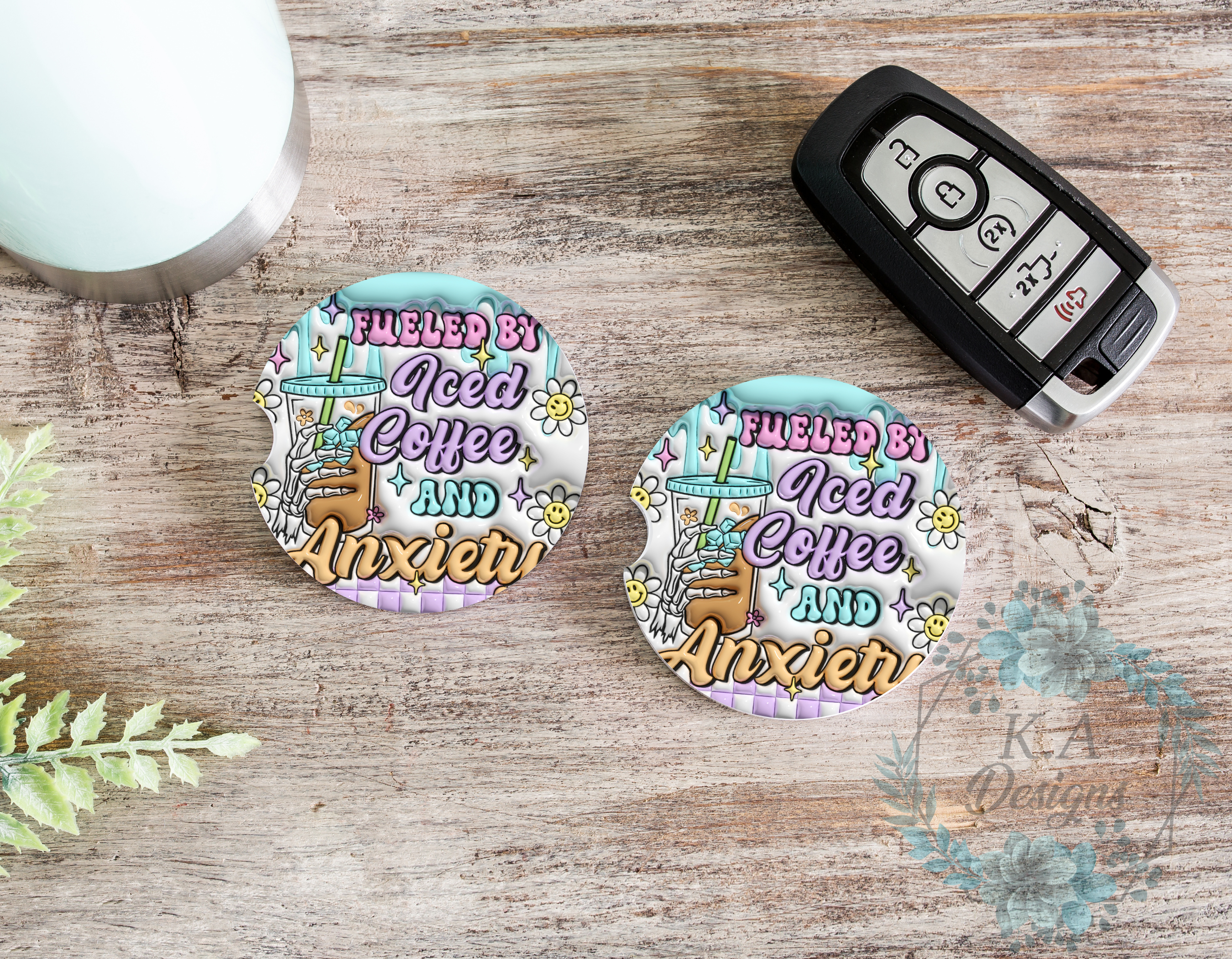 Fueled By Anxiety And Iced Coffee Car Coasters