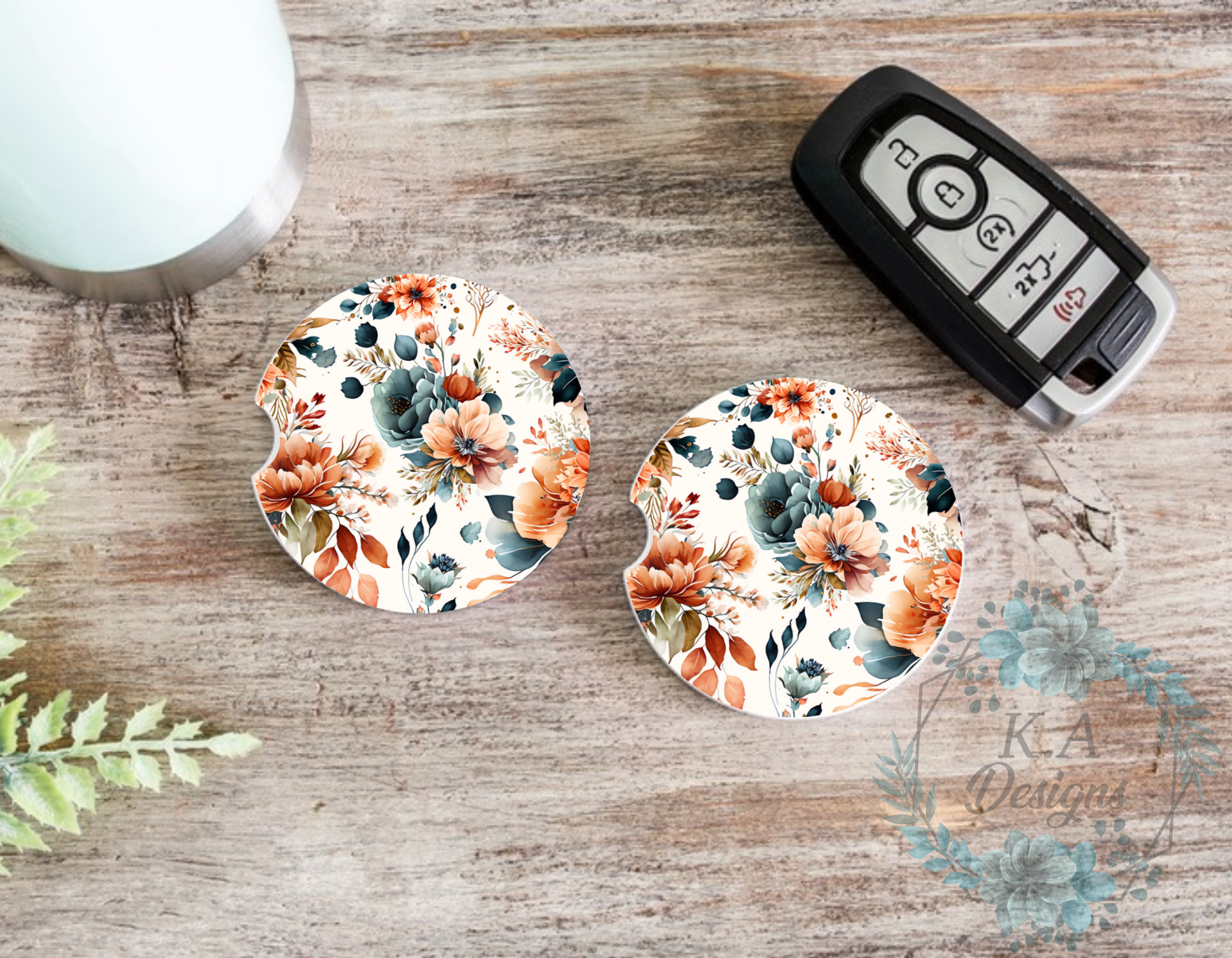 Orange & Navy Floral Ceramic Car Coasters