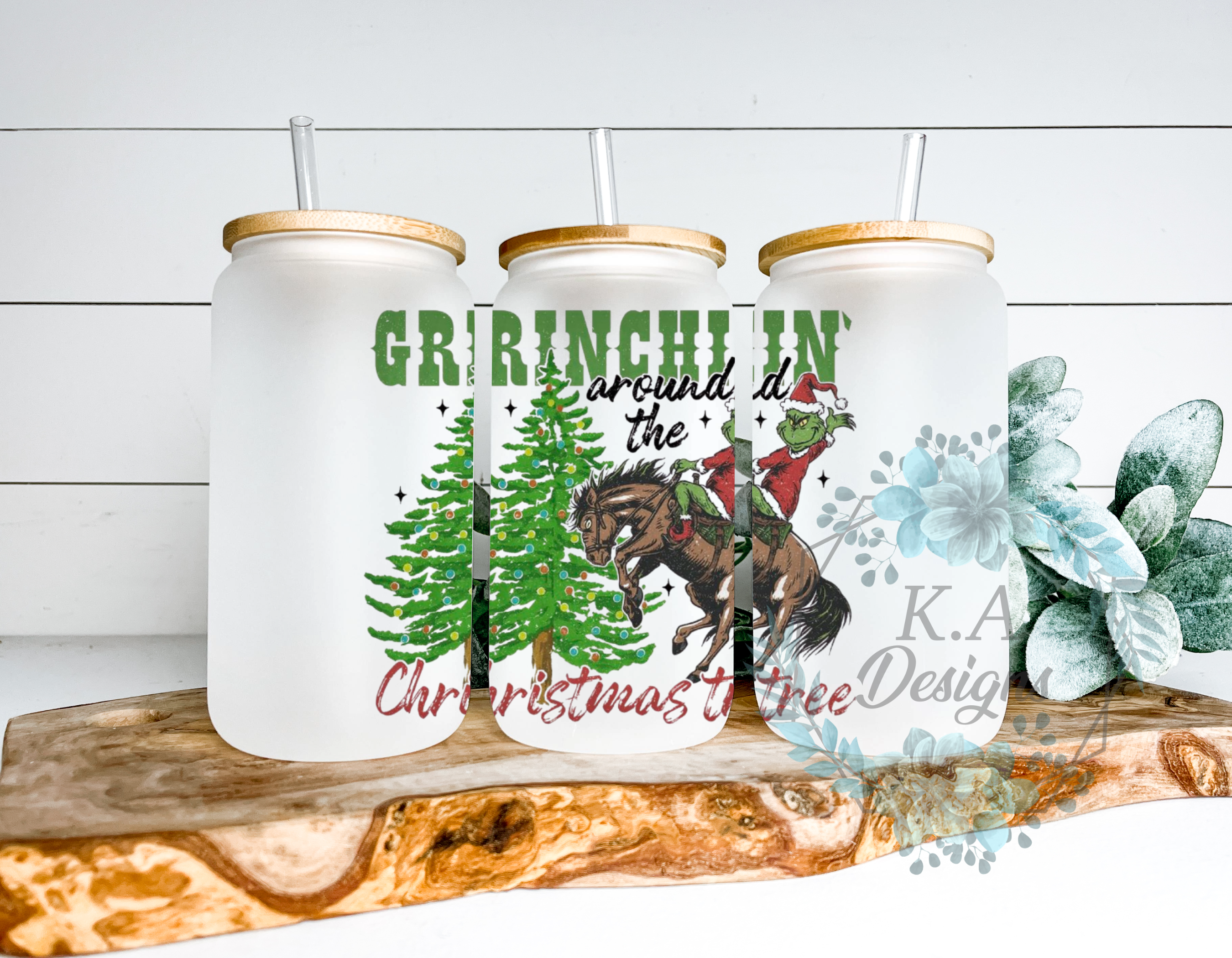 Grinchin' Around The Christmas Tree Frosted Glass Can