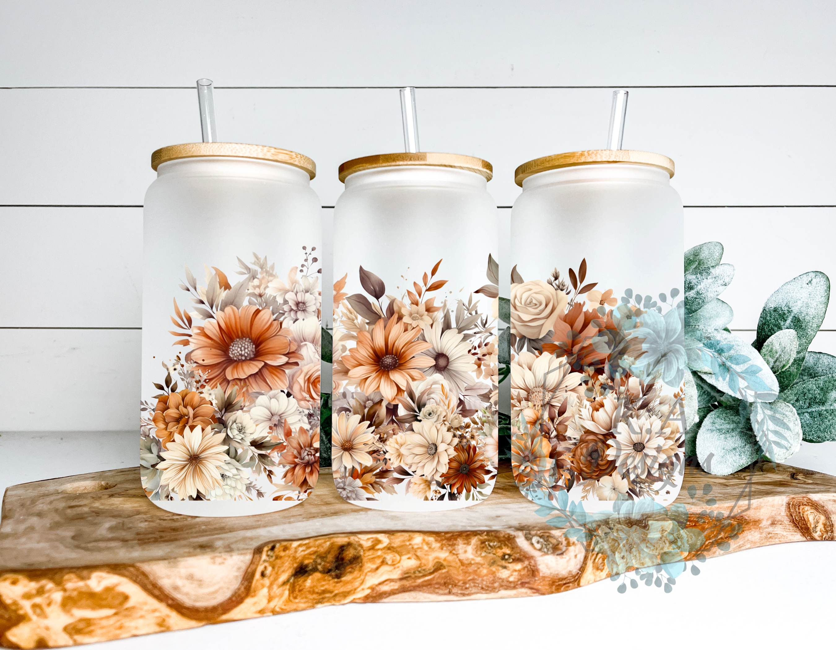 Fall Floral Frosted Glass Can