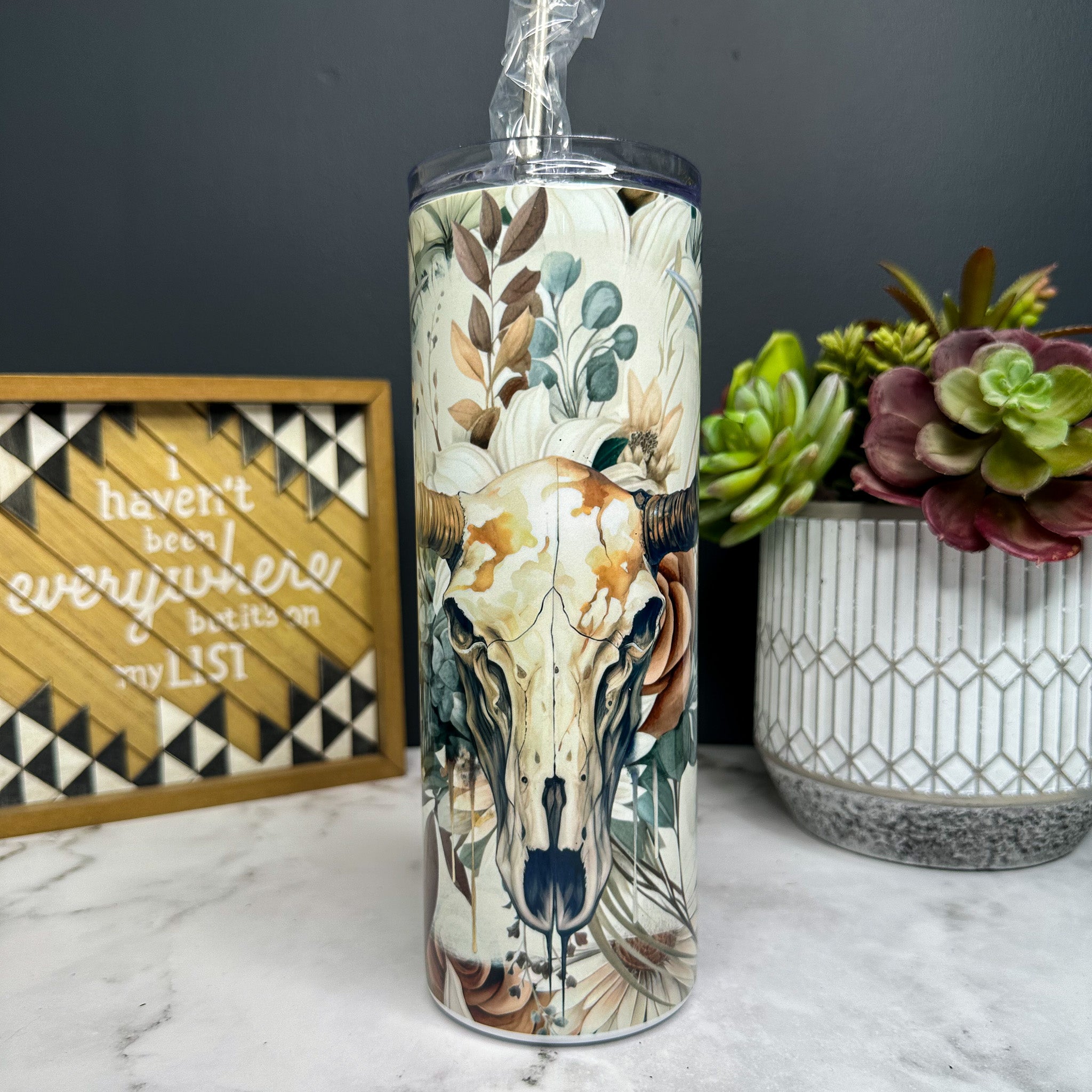 Boho Floral Bull Skull Tumbler