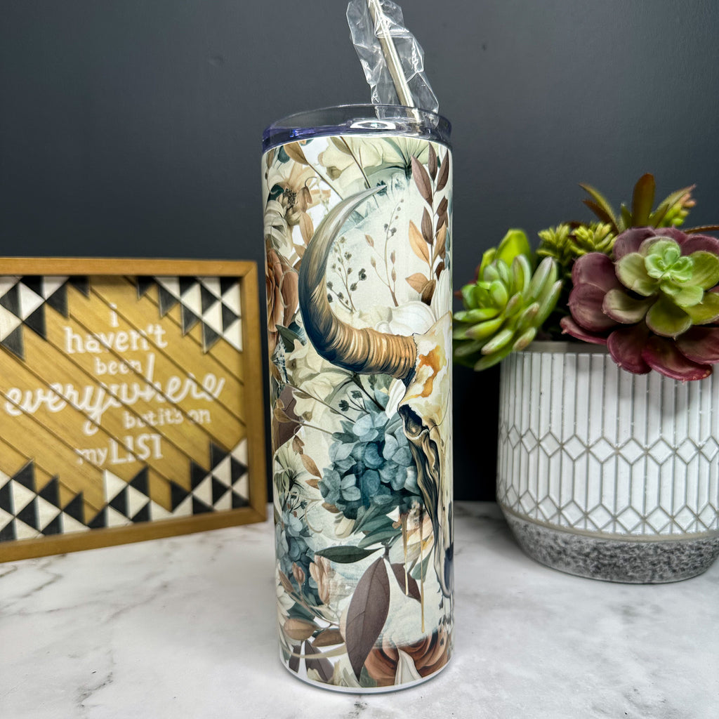 Boho Floral Bull Skull Tumbler