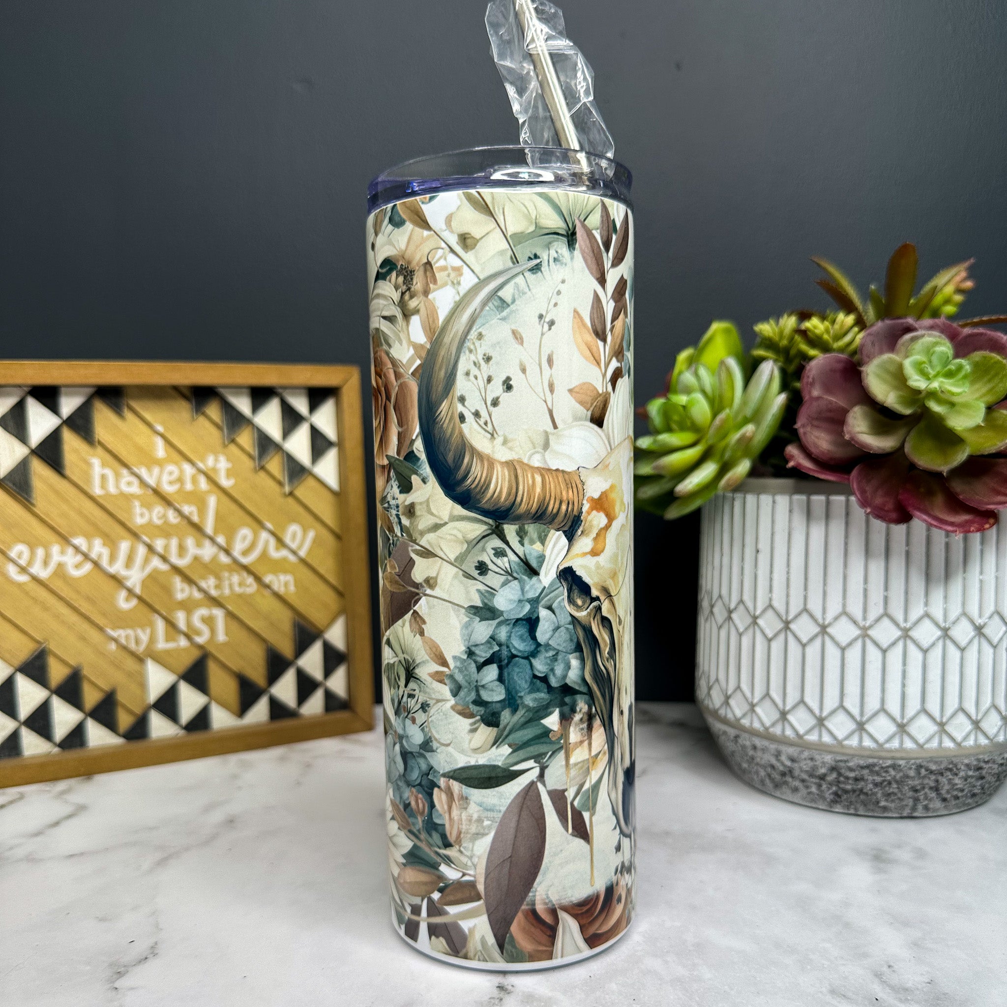 Boho Floral Bull Skull Tumbler