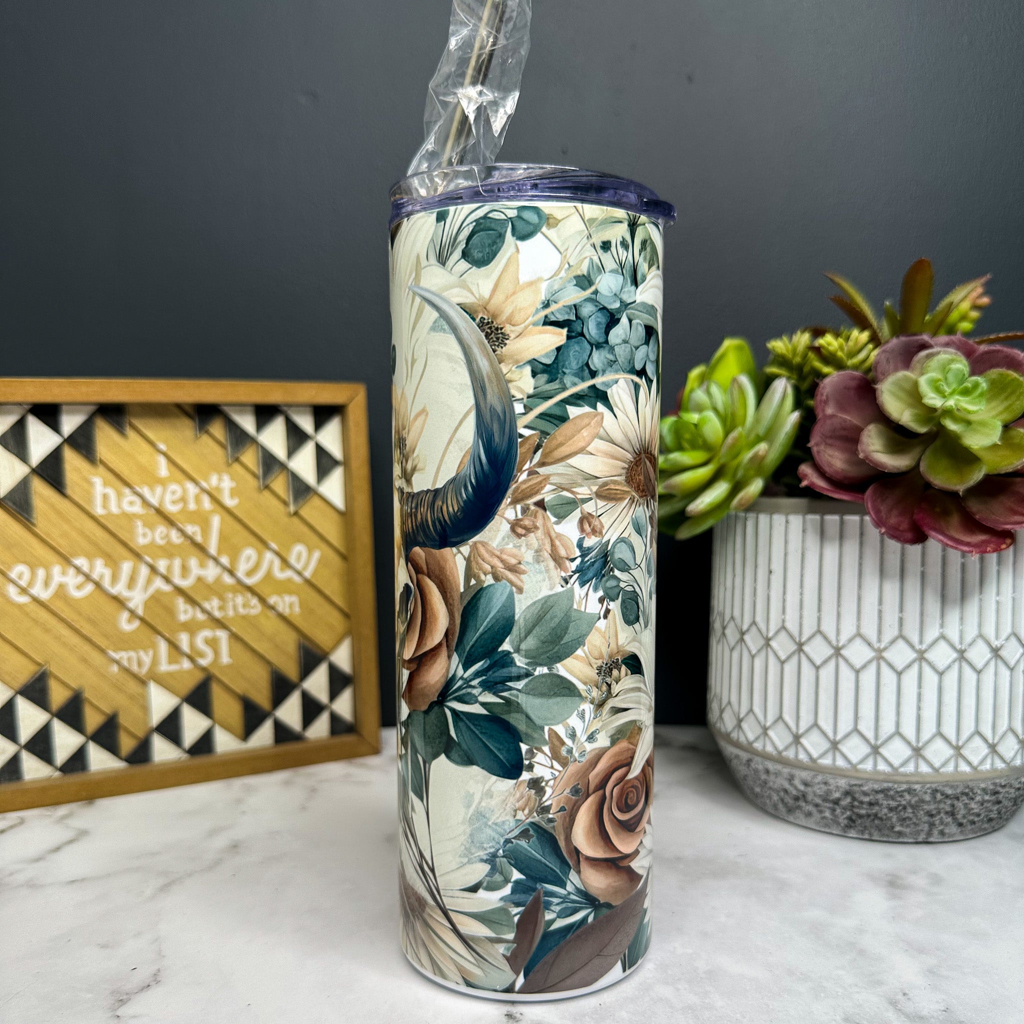 Boho Floral Bull Skull Tumbler