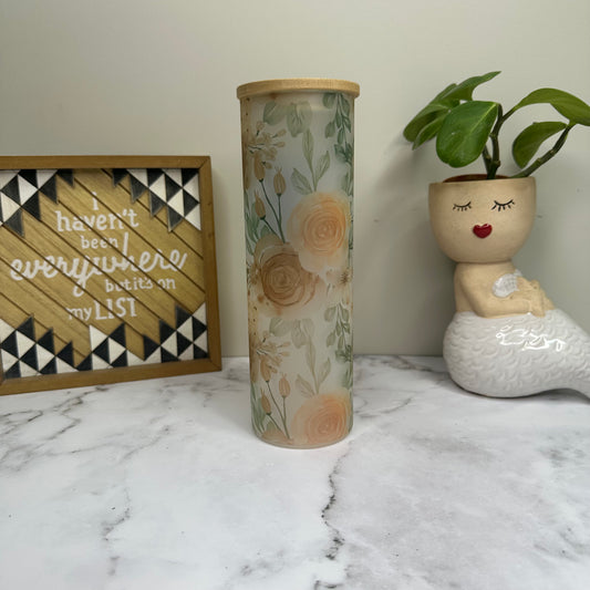 Floral Beige Frosted Glass Tumbler