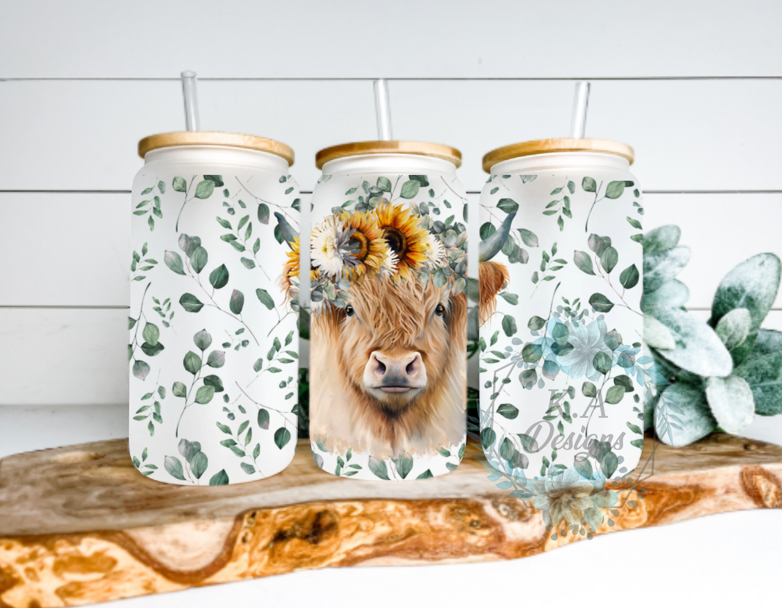 Highland Cow Frosted Glass Can