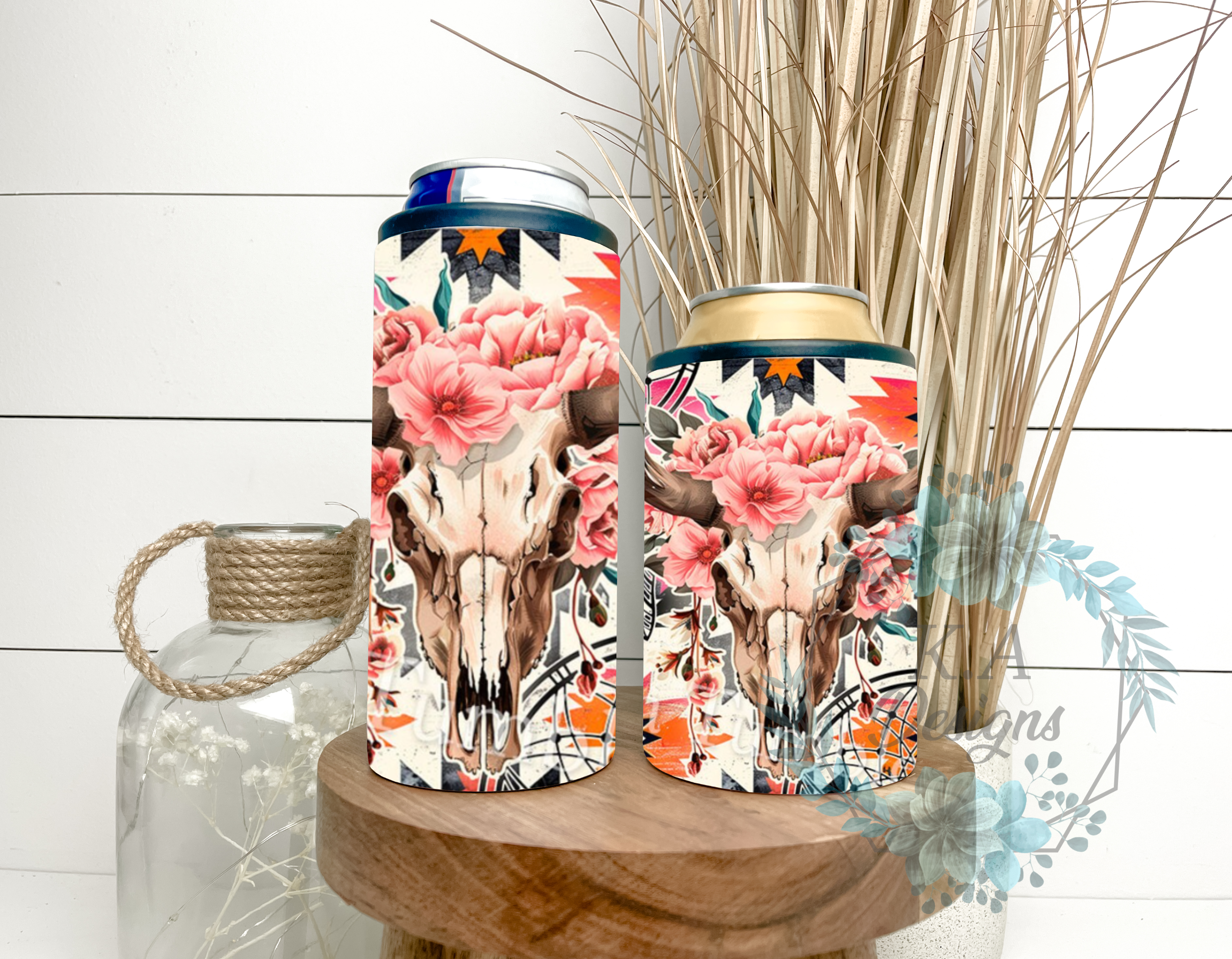 Floral Bull Skull Can Cooler