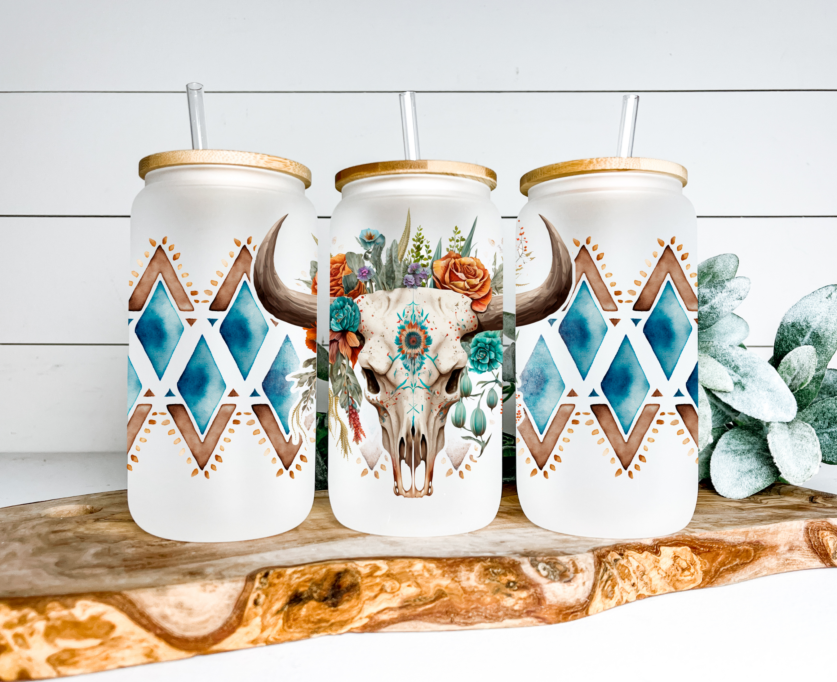 Bull Skull Frosted Glass Can