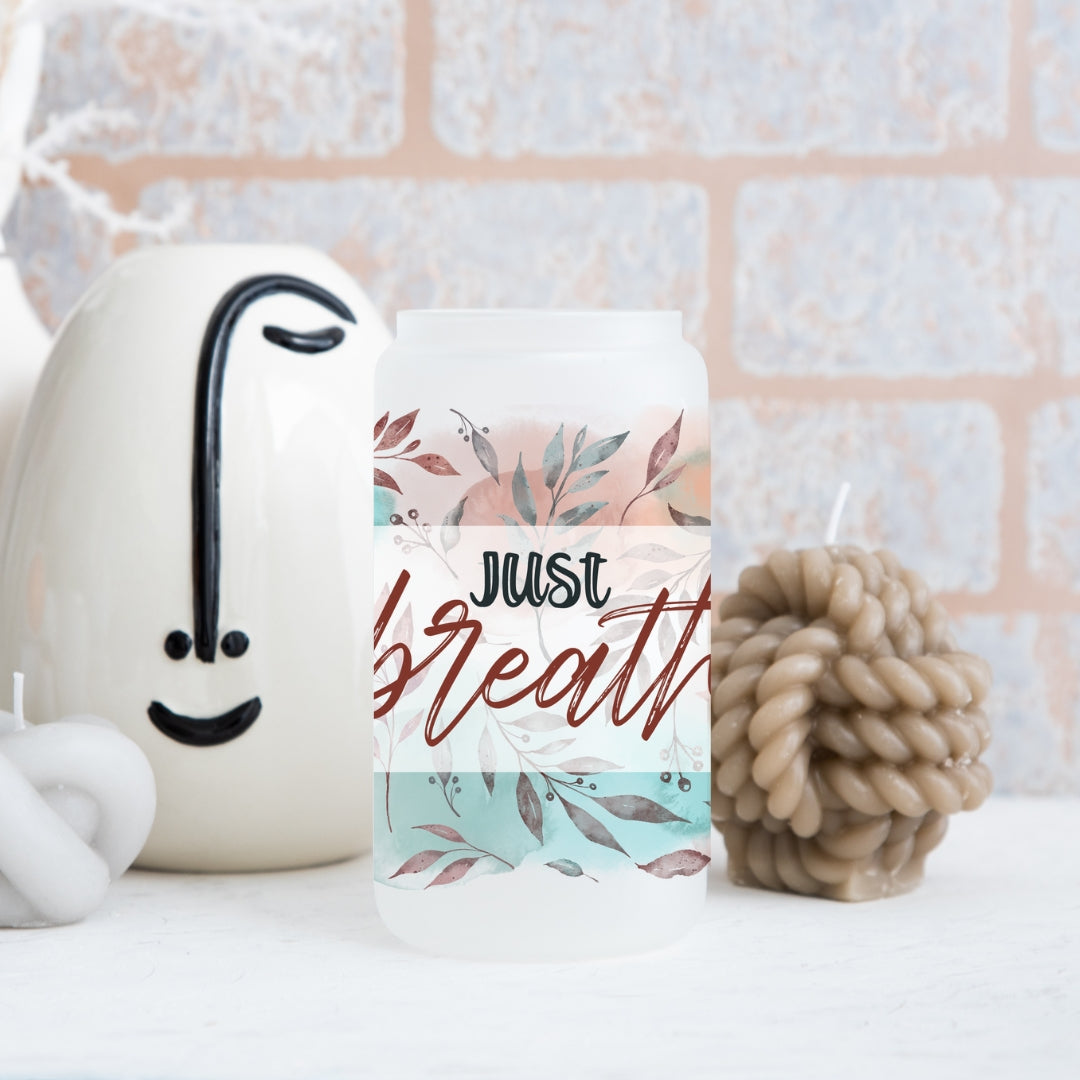 Just Breathe Floral Frosted Glass Can