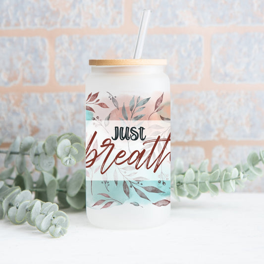 Just Breathe Floral Frosted Glass Can