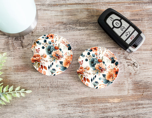 Orange & Navy Floral Ceramic Car Coasters