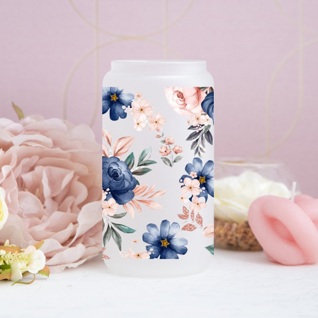 Blue & Pink Floral Frosted Glass Can