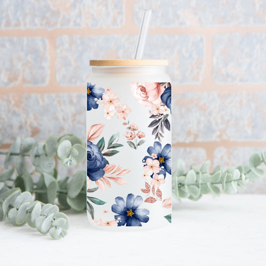 Blue & Pink Floral Frosted Glass Can