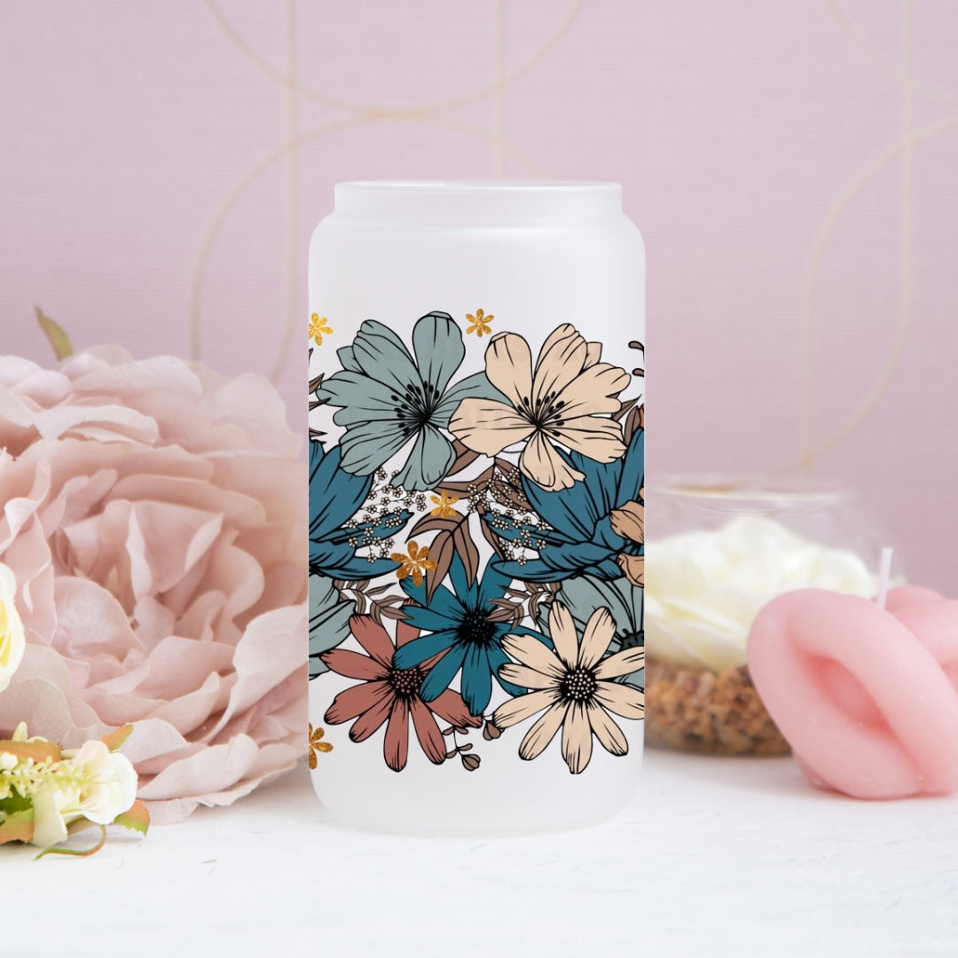 Retro Floral Frosted Can Glass