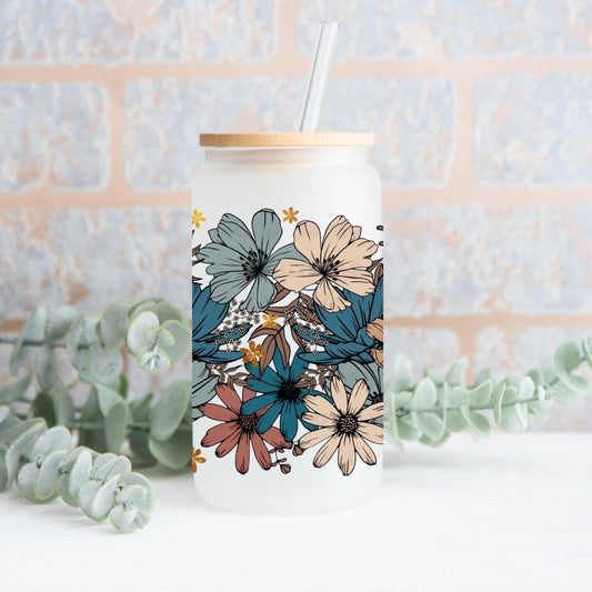 Retro Floral Frosted Can Glass