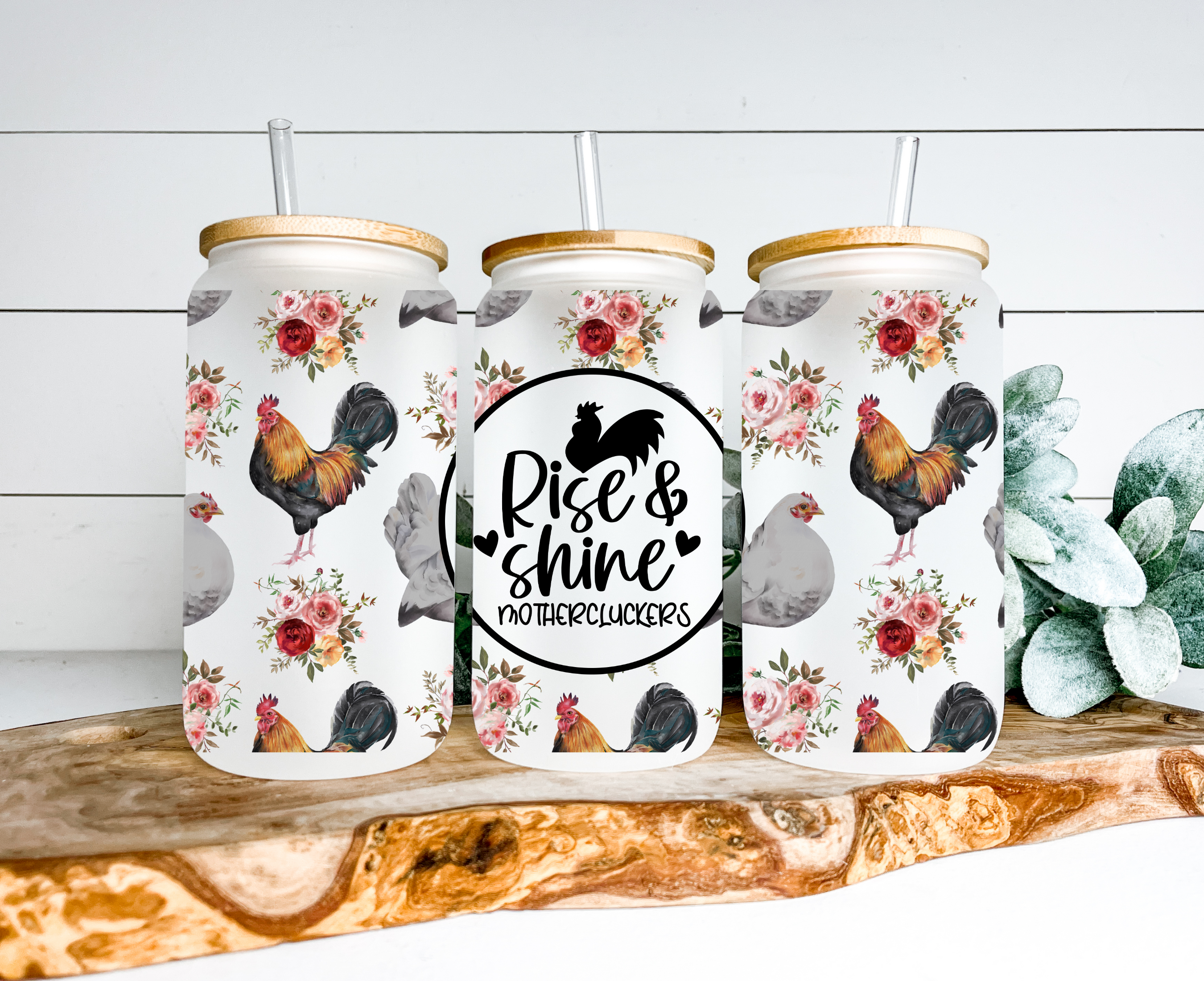 Rise & Shine Mother Cluckers Frosted Glass Can