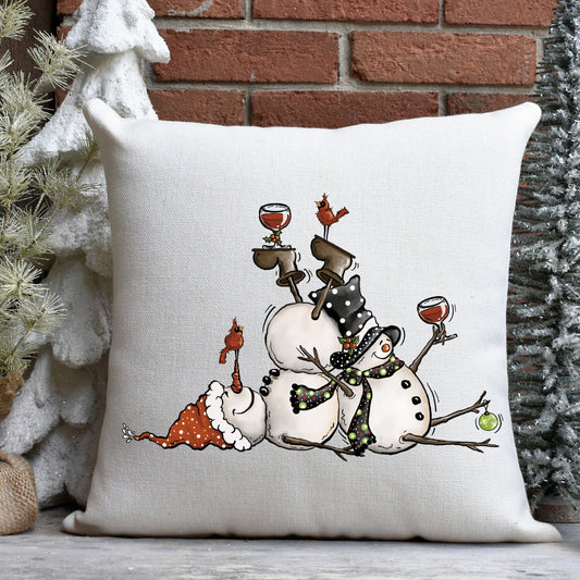 2 Tipsy Snowmen Linen Pillow Cover