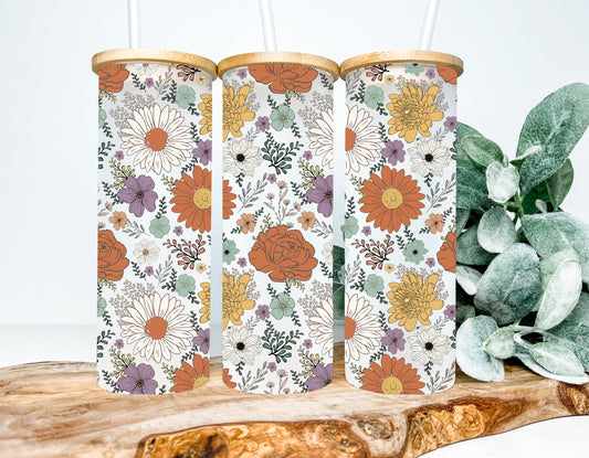 20oz Frosted Glass Tumbler- Daisies and wildflowers
