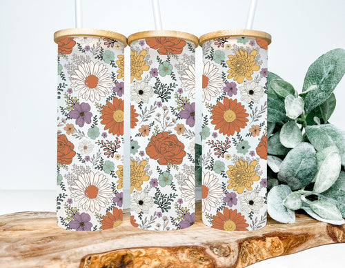 20oz Frosted Glass Tumbler- Daisies and wildflowers