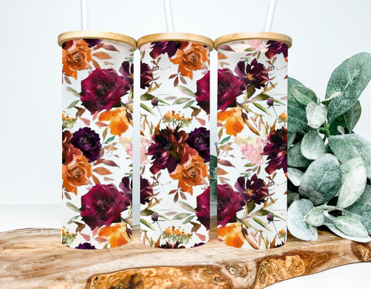 Burgundy & Orange Floral Glass Tumbler