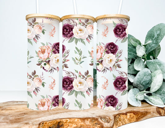 Burgundy & Beige Floral Frosted Glass Tumbler