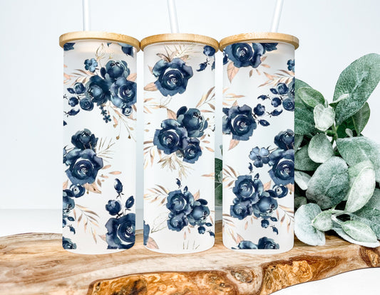 Navy Floral Frosted Glass Tumbler